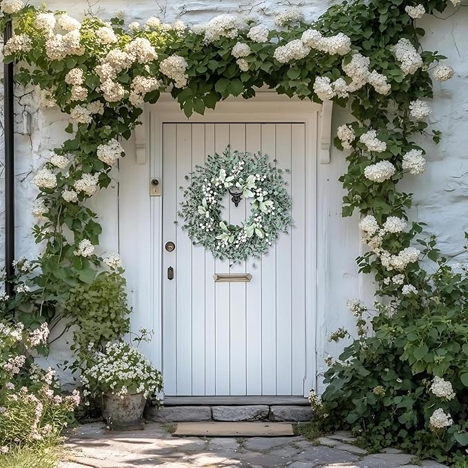 Jasuline 24 Inch Eucalyptus Wreaths for Front Door - Summer Spring Boxwood Greenery Leaves Wreath with Lambs Ear & White Berries, All Season Outdoor Hanging Decor for Indoor Porch Window Wall