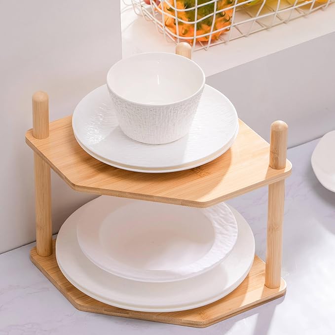 3-Tier Expandable Bamboo Corner Shelf - Dish/Plate Organizer for Cabinet, Kitchen Counter Shelf & Small Kitchen Shelf, Adjustable (6.7" H-2PC, 2-Tier)