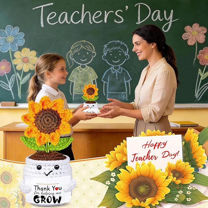 Teacher Appreciation Gifts, Thank You Teachers Gift, End of Year Teacher Gifts, Personalized Graduation Father's Day Birthday Gift for Teachers Mentor Coworker Senior, Handmade Crochet Sunflower Doll