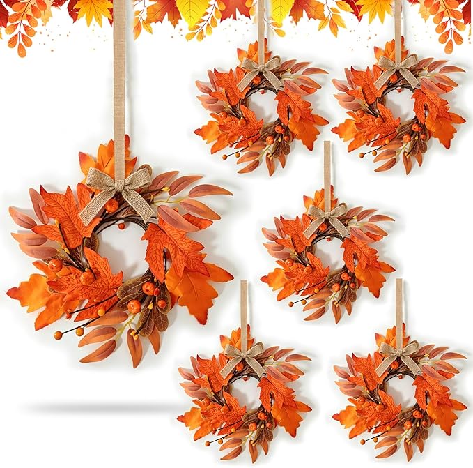 6 PCS Mini Fall Wreaths for Kitchen Cabinet 9 Inch Fall Maple Leaf Wreath for Front Door Small Autumn Hanging Wreath Thanksgiving Candle Ring for Farmhouse Home Porch Wall Window Table Decoration