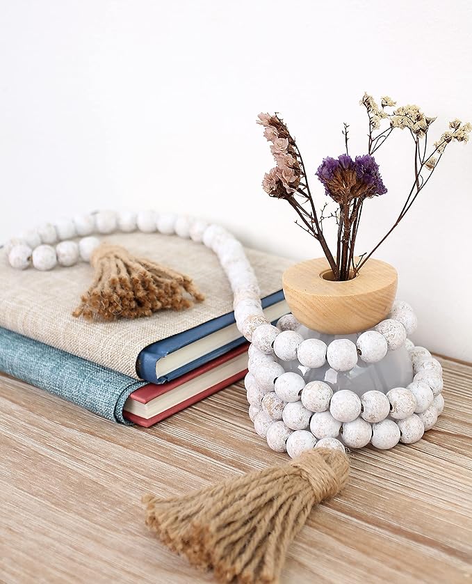 58in Wood Bead Garland with Tassels, Farmhouse Rustic Country Decor Prayer Boho Wall Hanging Decoration (Whitewash)