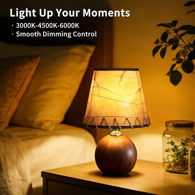 Mid-Century Modern Table Lamp, Spherical Solid Walnut Wood Base, Imitation Parchment Shade with Hand-Stitched Rope, 3-Color Dimmable LED Bedside Lamp for Nightstand & Japandi Decor