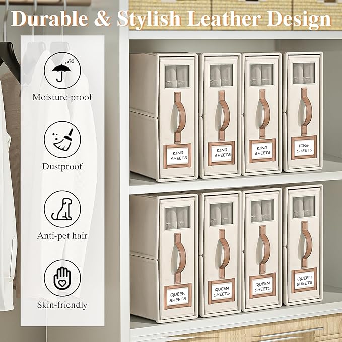 3 Pack Foldable Bed Sheets Set Organizers and Storage(King & Queen Size),Linen Fabric Closet Organizers with Window,Folding Bedding Storage Box for Bedsheets and Pillow Cube Organizer-Beige