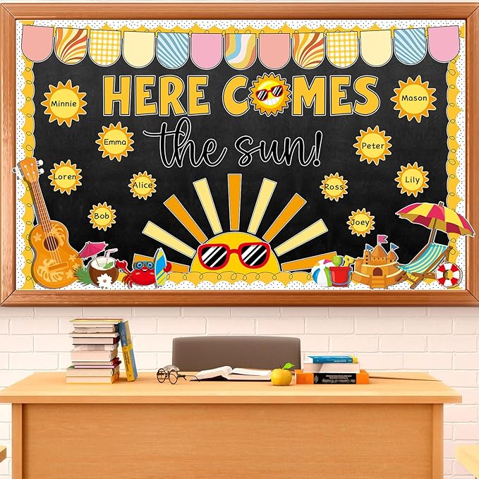 Summer Shine Bright Sun Bulletin Board Set Here Comes The Sun Paper Cutouts Classroom Decorations Tropical Beach Name Tags for Teacher Back to School Nursery Chalkboard Home Wall Door Decor Supplies