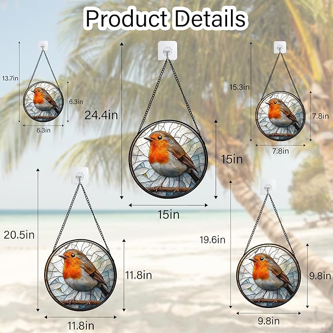 Stained Glass Window Hanging - Orange Grey Robin Sun Catcher for Door Garden Home Decor Bird Lovers Suncatcher Christmas Mother's Day Birthday Gifts for Women Men Mom Nana 6.3 in