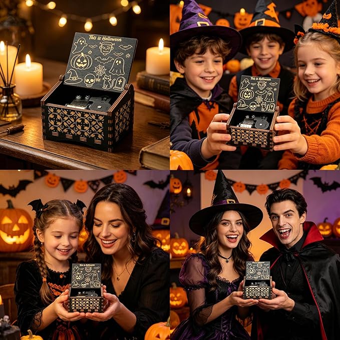 Pursuestar Black Wooden Wind Up Music Box - This is Halloween, Vintage Engraved Wood Mechanism Musical Gifts for Anniversary Mother's Day Valentine's Day Christmas Thanksgiving Birthday