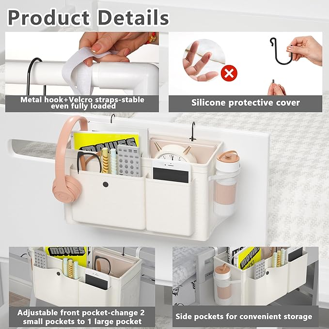 Edudif Bedside Caddy Bedside Organizer with Fixed Straps & Water Bottle Holder, Bunk Bed Caddy ideal for Home, Dorm, Hospital, Crib, Versatile Bedside Storage Solution