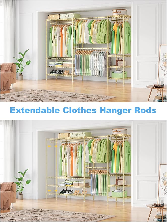 Ulif E11 Heavy-Duty Garment Rack, Metal Freestanding Clothes Rack and Closet Storage Organizer System with 8 Shelves and 4 Hanger Rods, (73.2-97.6)" W x 14.5" D x 71.2" H, Load 1034 LBS, Gold