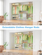 Ulif E11 Heavy-Duty Garment Rack, Metal Freestanding Clothes Rack and Closet Storage Organizer System with 8 Shelves and 4 Hanger Rods, (73.2-97.6)" W x 14.5" D x 71.2" H, Load 1034 LBS, Gold