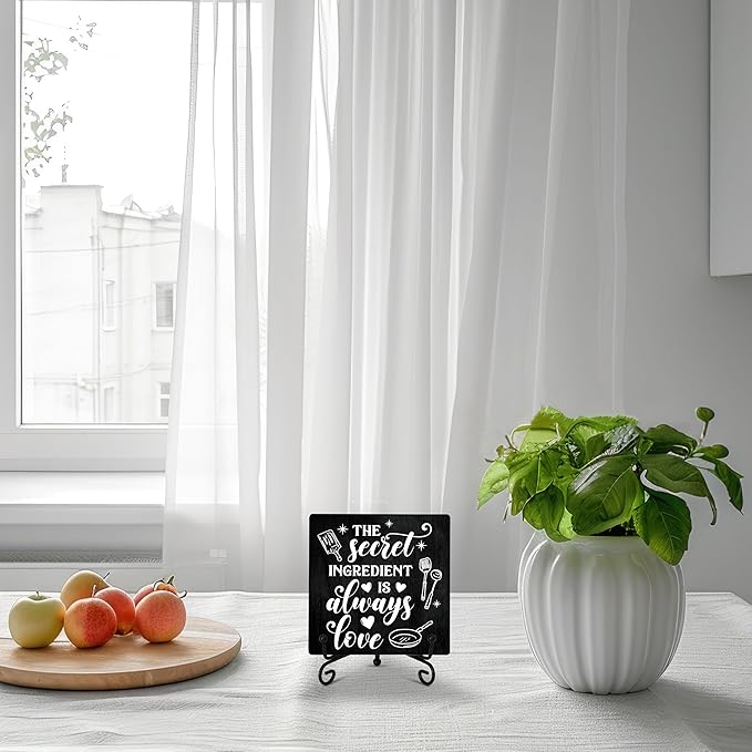 Kitchen Counter Decor, The Secret Ingredient Is Love Sign, Table Decorations for Dining Room, Farmhouse Kitchen Wooden Plaque with Iron Stand for Wall Shelf Decor-A04