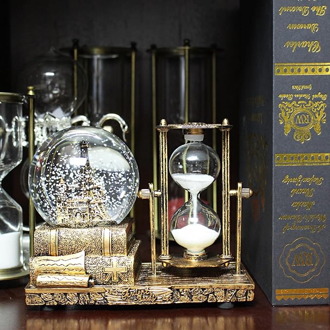 Snow Globe with Hourglass Timer Home Decorations for Living Room LED Music Crystal Ball Snow Globes Collectibles Bedroom Book Shelf TV Cabinet Desktop Decor Statue Figurine Table Centerpiece Ornament
