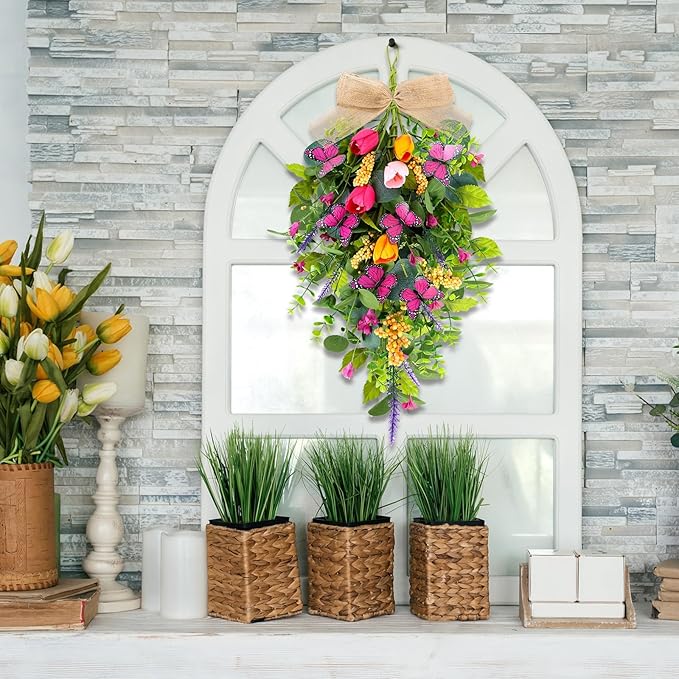 2 PCS 24'' Spring Swags for Front Door Artificial Tulip Teardrop Swags Lavender Butterfly Eucalyptus Swags Wreath Spring Summer Floral Hanging Swags for Farmhouse Wedding Cabinet Home Outdoor Decor
