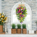 2 PCS 24'' Spring Swags for Front Door Artificial Tulip Teardrop Swags Lavender Butterfly Eucalyptus Swags Wreath Spring Summer Floral Hanging Swags for Farmhouse Wedding Cabinet Home Outdoor Decor
