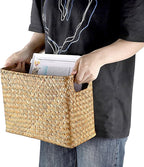 BTSKY Handwoven Magazine Holder, Natural Seagrass Magazine Basket with Metal Rack, Mail Holder Floor Organizer for Office, Living Room, Dorm, Bathroom, Woven Rattan File Basket with Handle(Caramel)