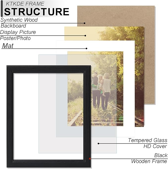 KTKDE 8.5 X 11 Picture Frame,Display Pictures 6x8 with Mat or 8.5 x 11 Without, Tempered Glass, 8.5 by 11 Black Wooden Frames Wall or Tabletop Frame,Certificate Document Diploma Award Frame best gift