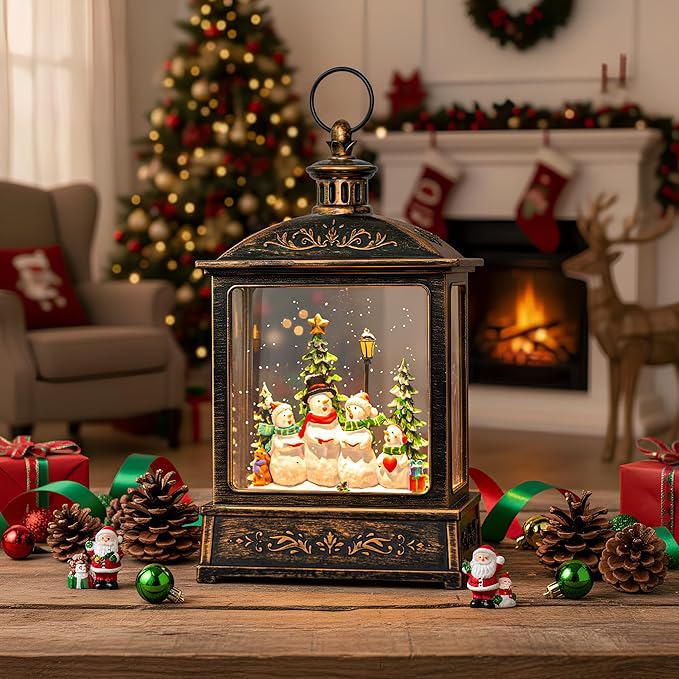 Christmas Snow Globe Swirling Glittering Snowman Choir with Music & Timer, USB Lined/Battery Operated Lighted Water Lantern for Christmas Festival Decoration Gifts