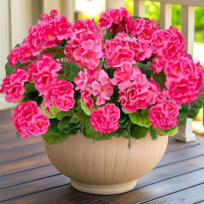 Artificial Geraniums Flowers for Outdoors Spring Decor, 4 Bundles UV Resistant Fake Geraniums Flowers Silk Faux Plants for Home Planter Gardens Table Patio Porch Indoor Cemetery Summer Decor(Pink)