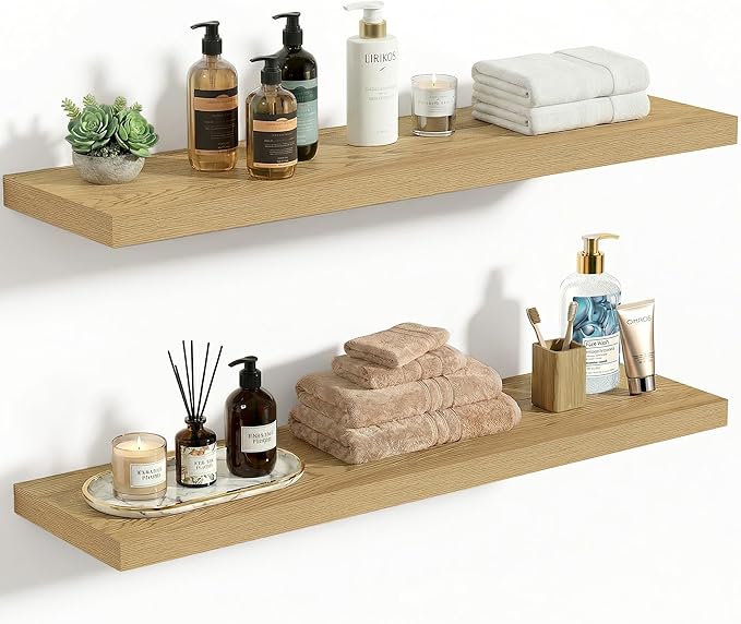 Vivelove 10" Deep Floating Shelves with Invisible Brackets, 30" Wall Shelves for Bathroom Bedroom Kitchen Living Room Laundry Room, Modern Rustic Shelves for Home Decor, 30"x10.2"x1.5", Set of 2, Oak