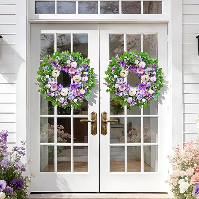 Spring Wreaths for Front Door Outside 24 Inch,Summer Wreath with Purple Morning Glory,Peony and Hydrangea,Spring Door Wreath for Indoor Outdoor Farmhouse Wall Proch Home Decor
