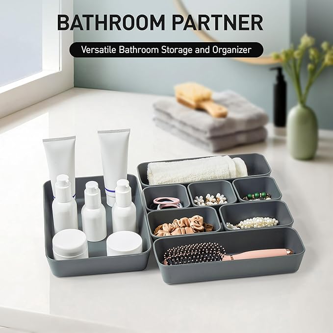 ISSEVE 8Pcs Nesting Silicone Drawer Organizer Trays, 4 Size Versatile Vanity Bathroom & Desk Drawer Organizer Set Storage Bins for Office,Kitchen,Nightstand,Black