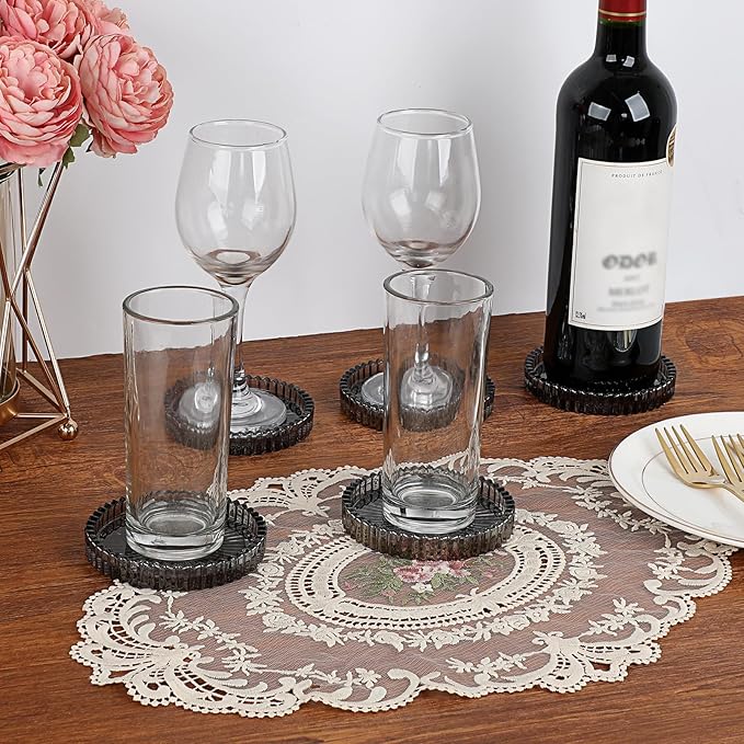 Modern Clear Coaster Set of 5- Glass Coasters for Drinks Crystal Coasters Round Cup Coasters Coffee Table Decor for Office, Kitchen, Bar, Dining Room, Living Room, Patio (Clear Black)