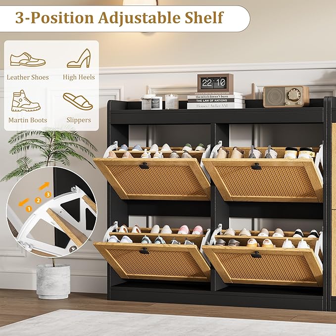 GarveeHome Shoe Cabinet Rattan with 4 Flip Drawers, Wooden Freestanding Shoe Organizer with Adjustable Shelves, Shoe Storage for Entryway, Closet, Hallway
