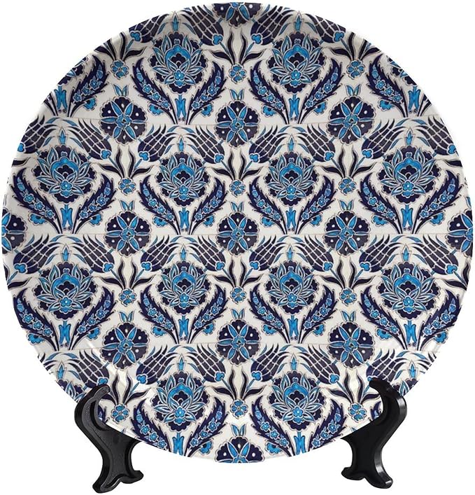 Turkish Decorative Ceramic Plates, 8 Inch, Dark Blue Flower Round Display Plate, Table Top Plate Decor with Stand, for Kitchen Party Coffee Table Decor Art
