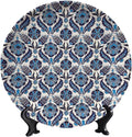 Turkish Decorative Ceramic Plates, 8 Inch, Dark Blue Flower Round Display Plate, Table Top Plate Decor with Stand, for Kitchen Party Coffee Table Decor Art