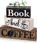 Moucuny 4 Pcs Farmhouse Table Decor Rustic Wooden "book and Coffee" Stacked Block Sign - Vintage Farmhouse Tiered Tray Decor with Coffee Cup & Bean Design, Perfect for Home Office Bookshelf Display