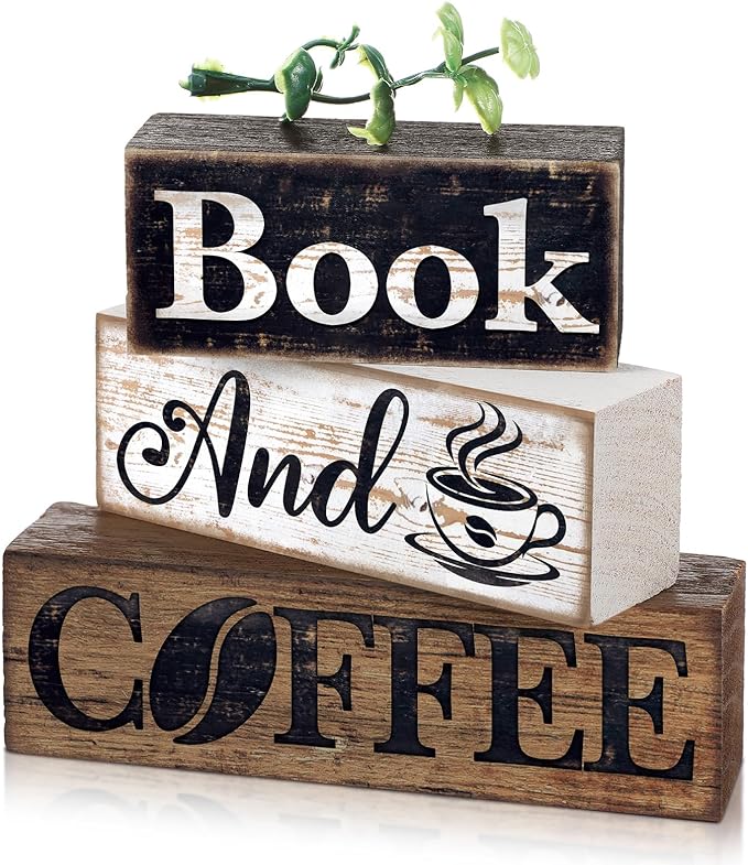 Moucuny 4 Pcs Farmhouse Table Decor Rustic Wooden "book and Coffee" Stacked Block Sign - Vintage Farmhouse Tiered Tray Decor with Coffee Cup & Bean Design, Perfect for Home Office Bookshelf Display