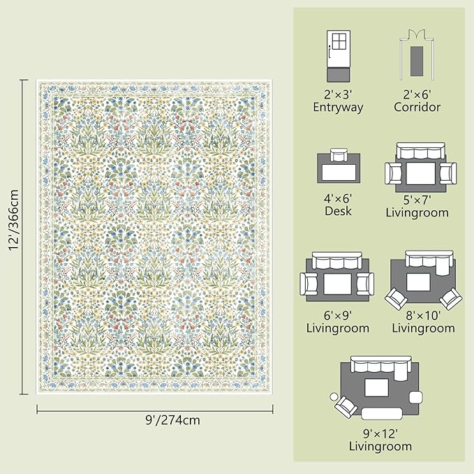 Washable 9x12 Area Rug - Light Green Vintage Floral for Living Room, Dining Room Under Table & Bedroom - Soft Low Pile, Non-Slip & Stain Resistan