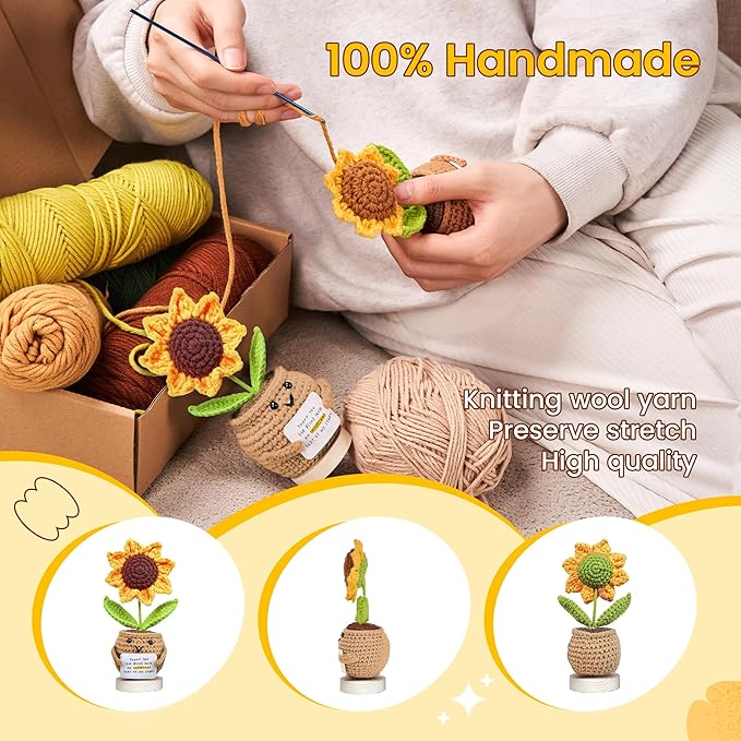 Gossby Handmade Positive Sunflower Doll Crochet Plant - Appreciation Thank You for Being an Important Part Gift for Coworker, Sister Friend, Teacher - Mothers Day, Christmas, Birthday Gift Women, Men