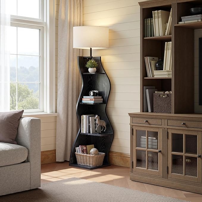 Evermagin 4 Tier Corner Shelf with Light, 64'' Tall Corner Bookshelf with Unique Shape, Stylish Wavy Bookcase Tower with Storage Organizer for Small Space, Living Room, Bedroom (Black)