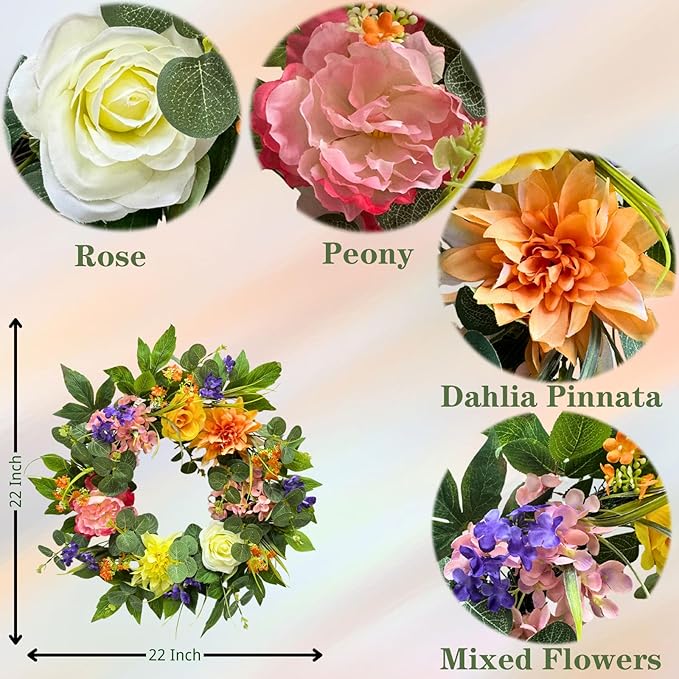 Svndlyn 22 Inch Lighted Spring Summer Wreath for Front Door,Dahlia Pinnata, Roses, Eucalyptus Leaves, Peony, Mixed Flowers,Artificial Wreath for Front Door Spring Outdoor Home Decor Easter Decor