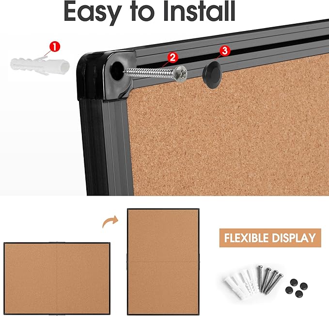 Extra Large Cork Bulletin Board 60" X 36", Foldable Notice Pin Board for Wall, Black Aluminum Framed 5'x3' Corkboard, Wall Mounted Noticeboard with 36 Push Pins for School, Home & Office