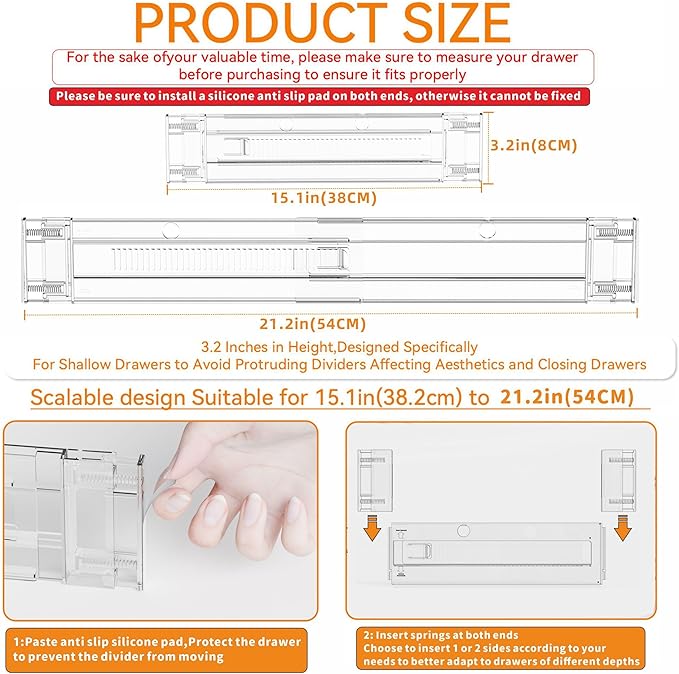 Yieach 4 Pack 3.2 Inch Shallow Acrylic Drawer Dividers for Clothes,Expandable Deep Dresser Dividers From 15 to 21'',Adjustable Drawer Separators for Dresser,Nursery and Baby Clothing,Sock,Underwear