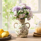 SIDUCAL Ceramic Green and Beige Retro Vase with Handles, 7 Inch Ice Cracked Vintage Pastoral Vase, Rustic Farmhouse Vases for Home Decor, Table, Living Room, Shelf Decor, Chinoiserie Decor