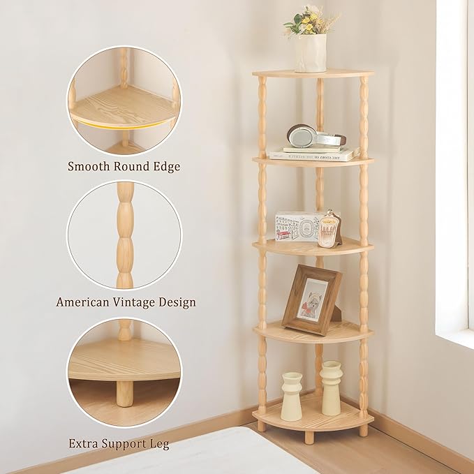 MaxSmeo Corner Shelf, 5-Tier Corner Bookshelf for Small Spaces, Stylish Corner Storage Display Shelves for Bedroom, Bathroom, Kitchen, Living Room (Natural)