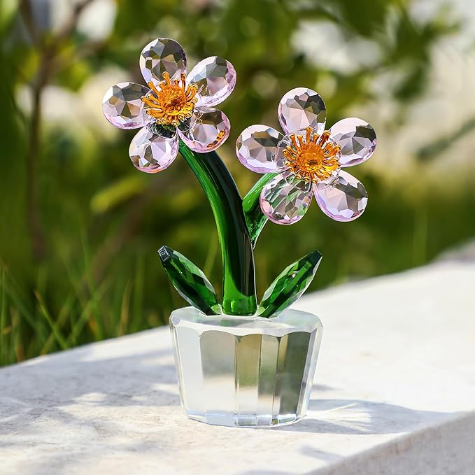 Pink Crystal Peach Blossom Flower Figurine 3.9‘’*2.9‘’ Elegant Tabletop Flower Ornament Collectible Home Decor Centerpiece
