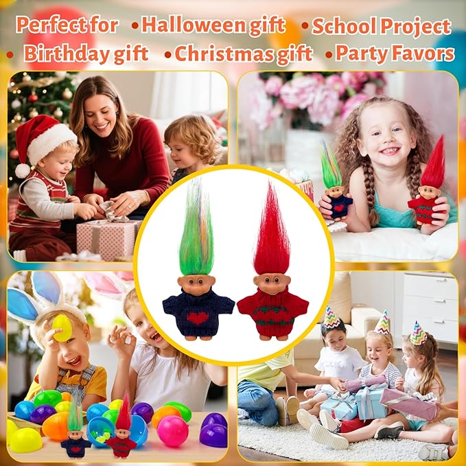 Retro Vintage Lucky Troll Dolls Assorted Hair Colors Chromatic Adorable for Collections, School Project, Arts and Crafts, Party Favors (Red)