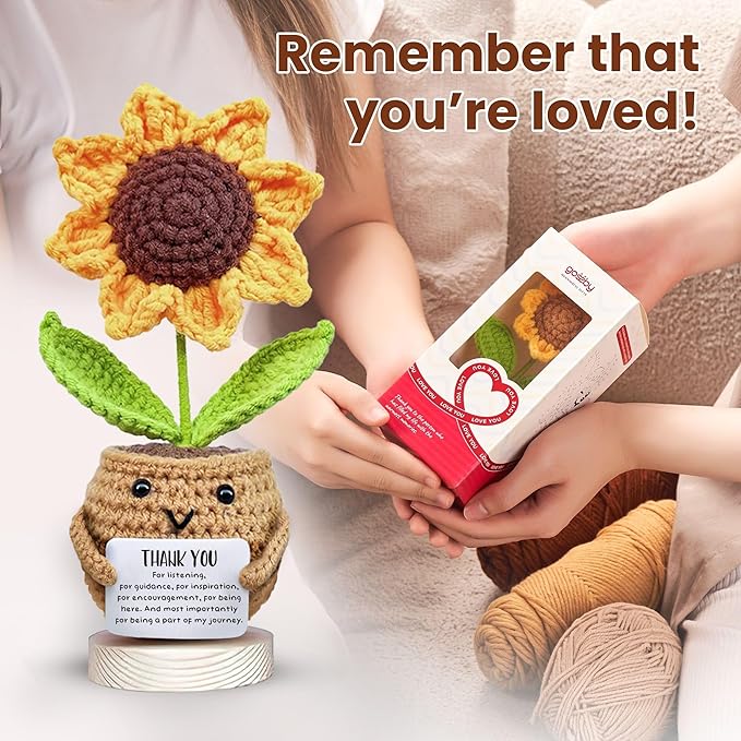 Gossby Handmade Positive Sunflower Doll Crochet with Card - Thank You for Listening - Appreciation Gift for Coworker, Friend - Mothers Day Christmas, Birthday, Thank You Gift Women, Men
