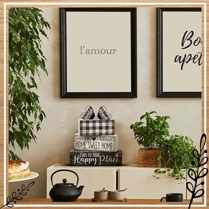 Moucuny 4 Pcs Farmhouse Kitchen Decor Black and White Farmhouse Tiered Tray Decor Home Sweet Home Centerpiece Wooden Heart Rustic Valentines Day Block Sign for Kitchen Shelf Valentines Gift Decoration