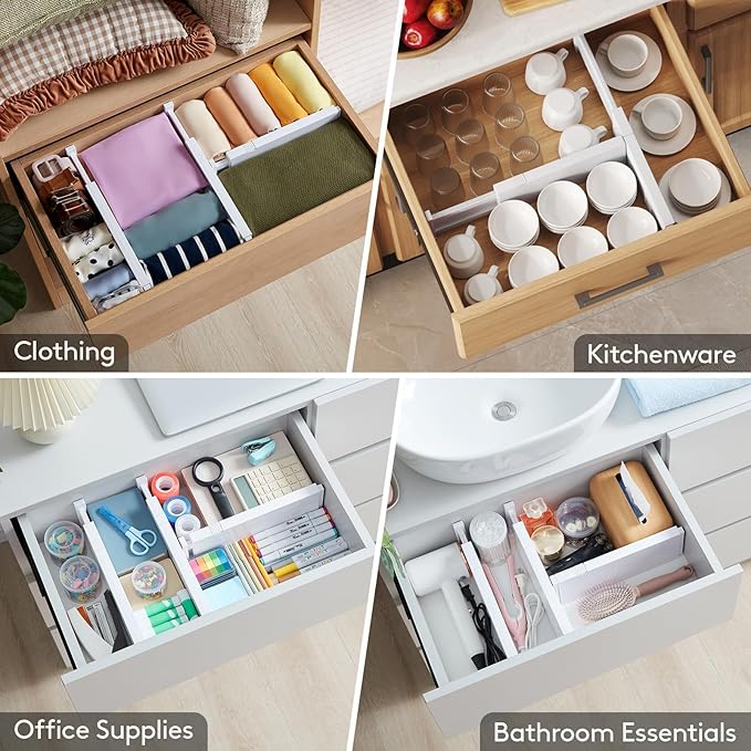 Lifewit 14 Pack Drawer Dividers for Clothes, 10.9-16" Adjustable Drawer Organizers, 4" High Plastic Expandable Drawer Separators in Bedroom/Office/Bathroom/Kitchen Storage, White