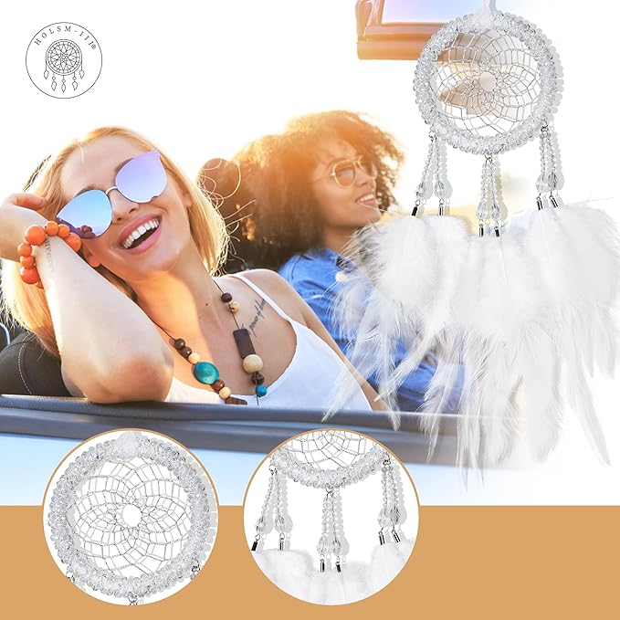 Luxury Dream Catchers - White Rooster Feather with Crystal Diamond, Lace Lanyard, Handmade Small Dreamcatcher for Bedroom, A Dream Catcher for Girls, Dream Catchers for Boys, Dream Catcher Wall Decor