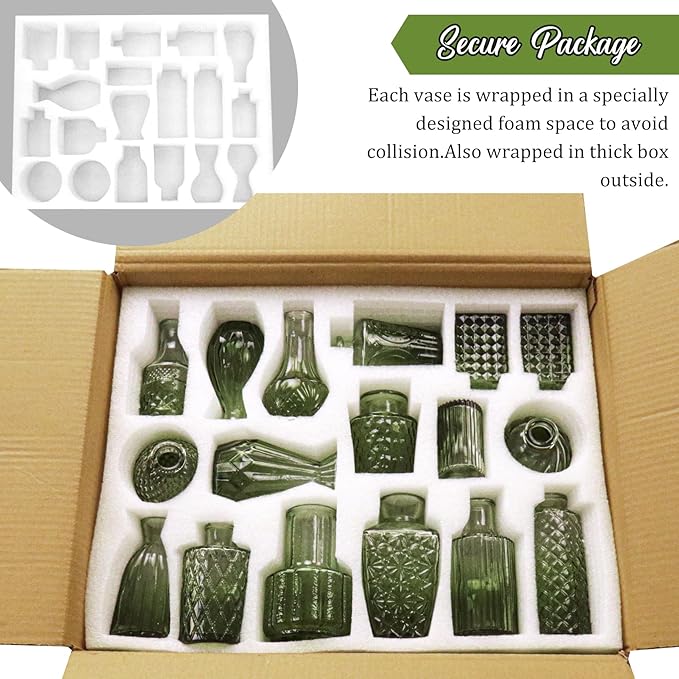 36Pcs Bud Vases Set Small Vintage Glass Bottles Bud Vases in Bulk Multiple Shape Cute Glass Vases for Rustic Wedding Centerpieces Table Decorations and Home Decor(Green)