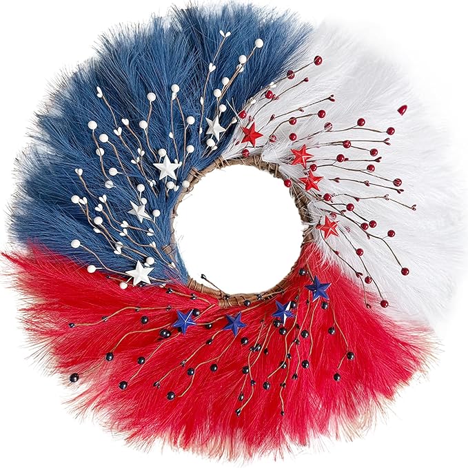 TEMPUS 30 Inch Patriotic Wreath for Front Door, Artificial Pampas Grass Reeds Wreath with Red White Blue Berries and Metal Stars, 4th of July Memorial Day Decor