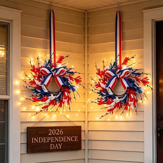 6 PCS Mini 4th of July Patriotic Kitchen Cabinet Wreaths Small Red White and Blue Floral Swag Wreath for Front Door with Forsythia Flowers Independence Day Hanging Wreaths for Memorial Day Porch Wall