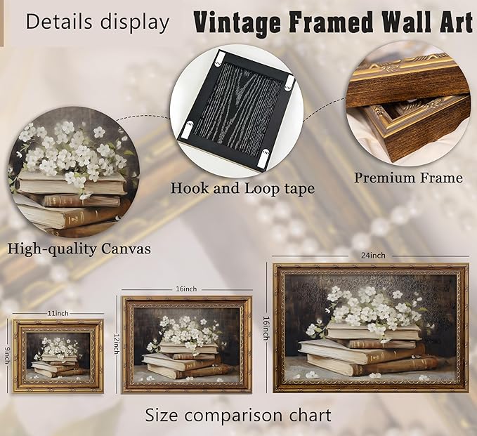 Vintage Gold Framed Wall Art Retro Moody Books and Flowers Oil Painting Canvas Print Dark Academia Decor Rustic Farmhouse Dark Floral Picture Poster Artwork for Study Library Office Bedroom