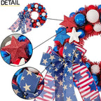 HipTree 13 Inch Patriotic Ball Wreath for Front Door with Lights, 4th of July Wreath with Red White Blue Stars & Ribbon for Memorial Day, Independence Day,Veterans Day, Flag Day,Summer Decorations