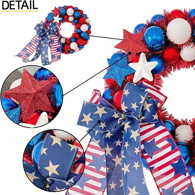 HipTree 13 Inch Patriotic Ball Wreath for Front Door with Lights, 4th of July Wreath with Red White Blue Stars & Ribbon for Memorial Day, Independence Day,Veterans Day, Flag Day,Summer Decorations